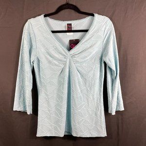 NWT Size Large Aqua V Neck 3/4 sleeve top with stitching details.